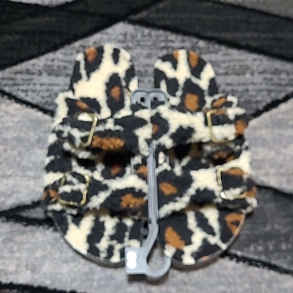 FAUX FUR LEOPARD PRINT DOUBLE STRAP CORK SLIDE SANDALS